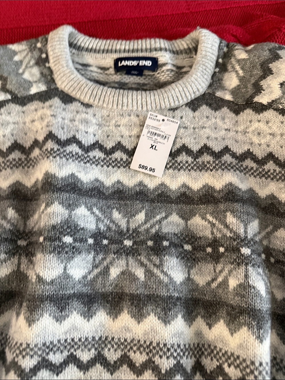 Lands' End Men's Gray & White Fair Isle Crewneck Sweater